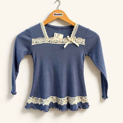 Made in Italy Top Ribbed Lace Trim Periwinkle/White Ladies Size XS