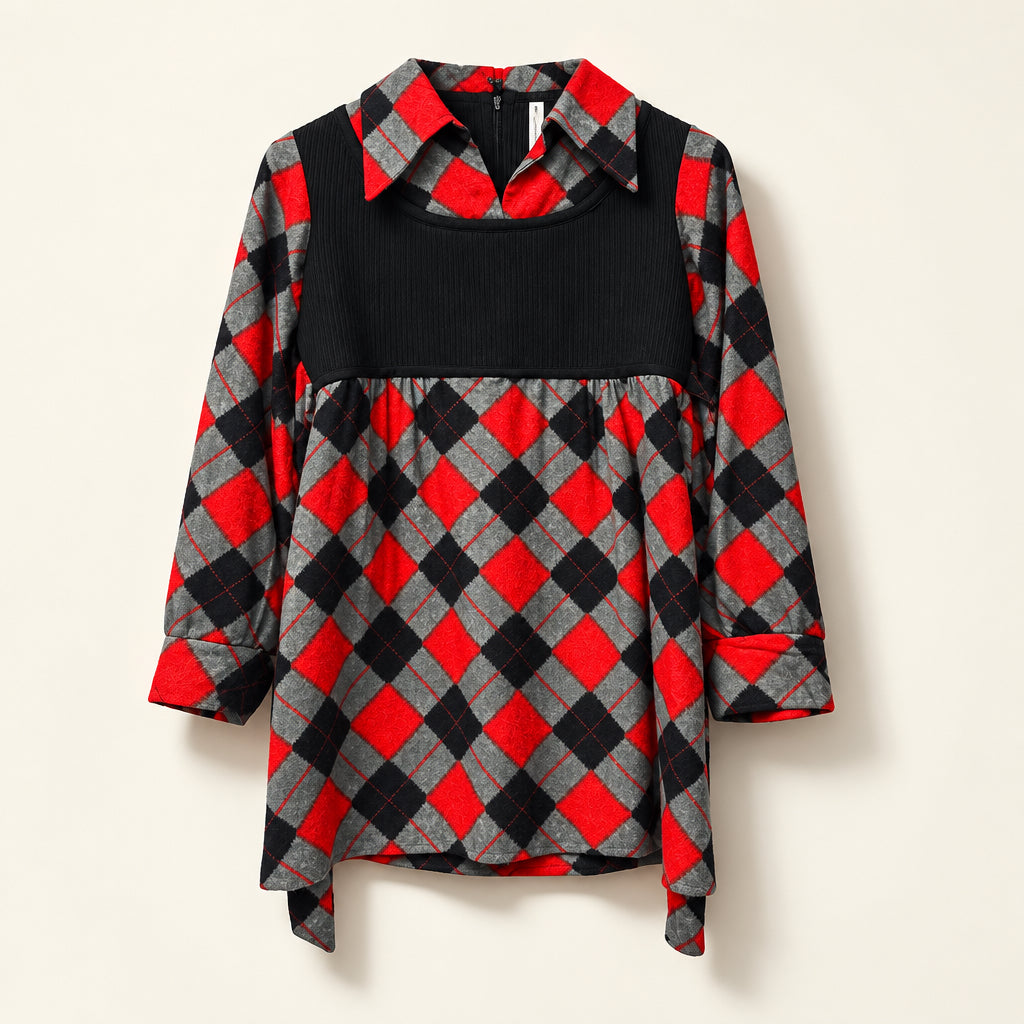 Vintage 1970s Tunic/Mini Dress Argyle Black/Grey/Red Ladies Size S