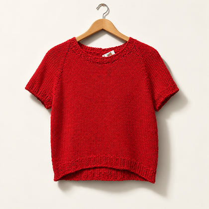 Hand Knit Sweater Short Sleeve Red Ladies Size M