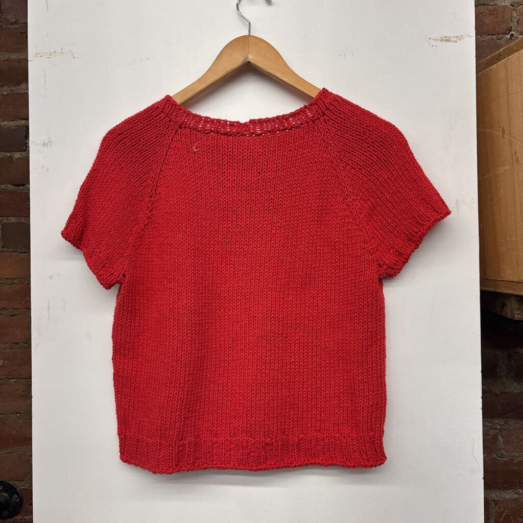 Hand Knit Sweater Short Sleeve Red Ladies Size M