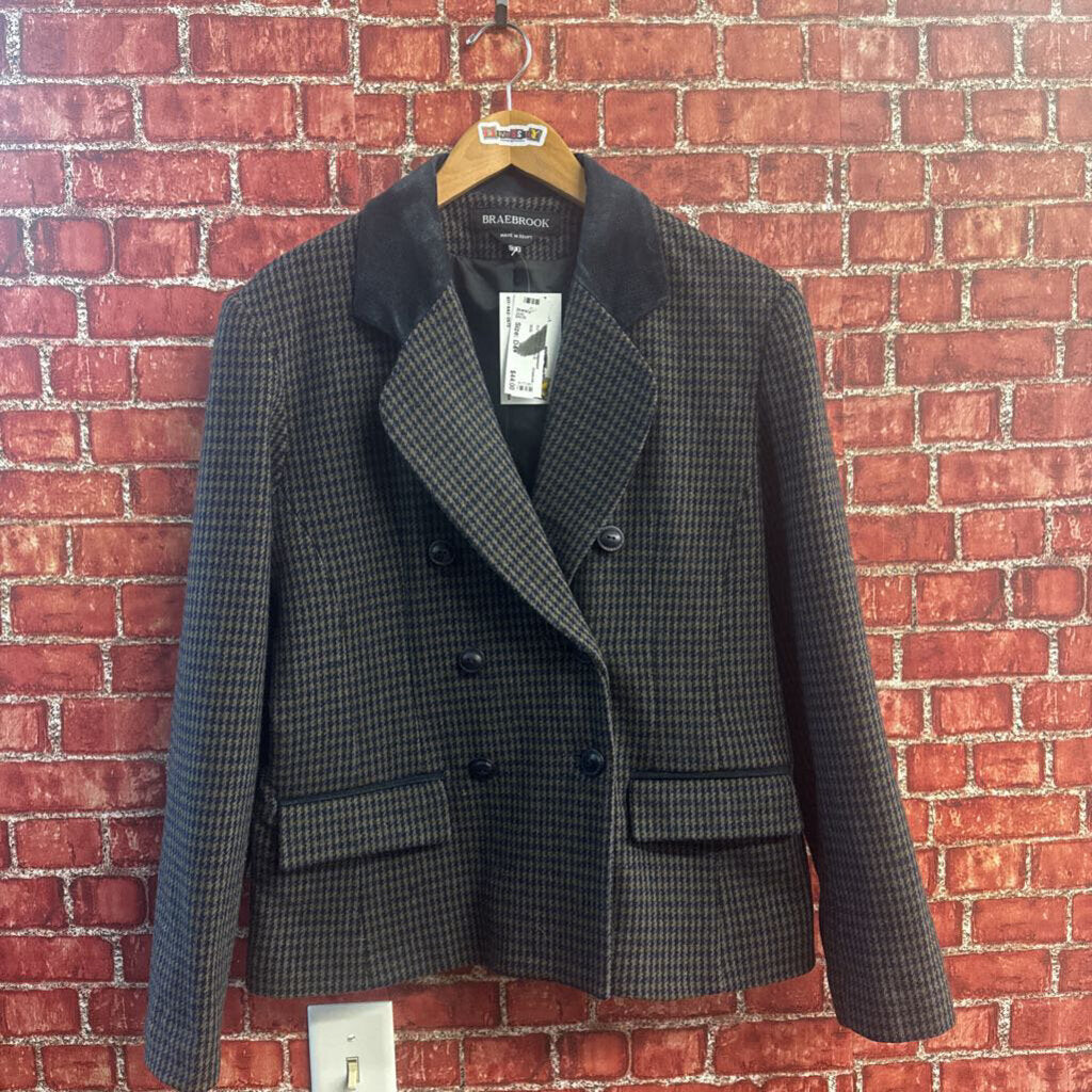 Braebrook Vintage Blazer Double Breasted Houndstooth Wool Suede Collar Navy/Olive Size 9/10