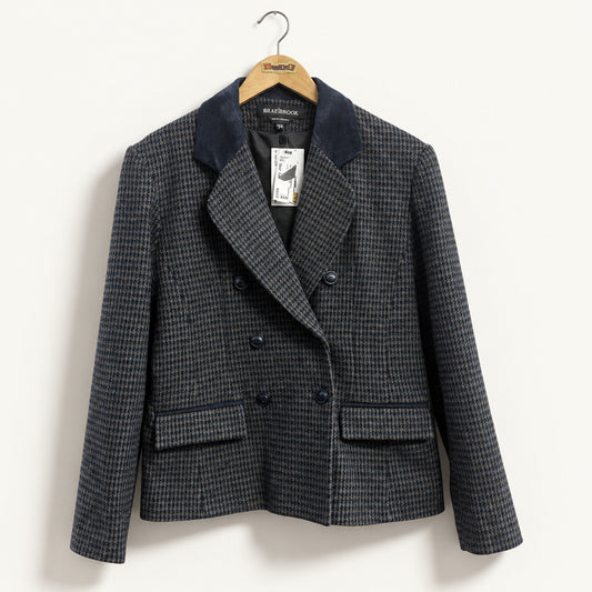 Braebrook Vintage Blazer Double Breasted Houndstooth Wool Suede Collar Navy/Olive Ladies Size 9/10