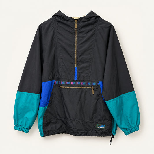 LL Bean Vintage Anorak Jacket Aztec Trim Color Block Black/Teal/Blue Size Men’s Size M