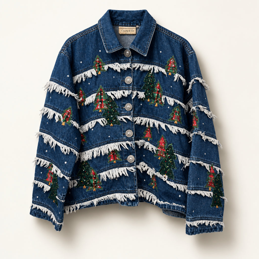 Carrie Allen Vintage Jacket Denim Pine Trees Fringe Blue/Green Size M