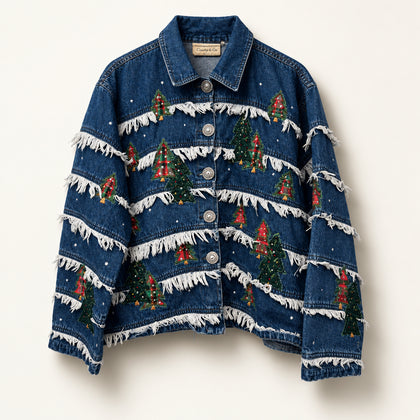 Carrie Allen Vintage Jacket Denim Pine Trees Fringe Blue/Green Size M