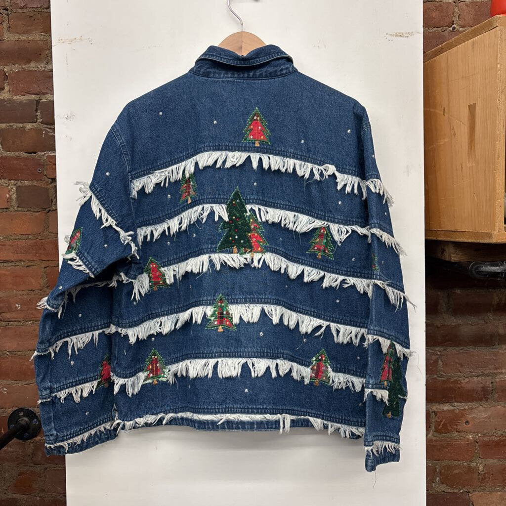 Carrie Allen Vintage Jacket Denim Pine Trees Fringe Blue/Green Size M