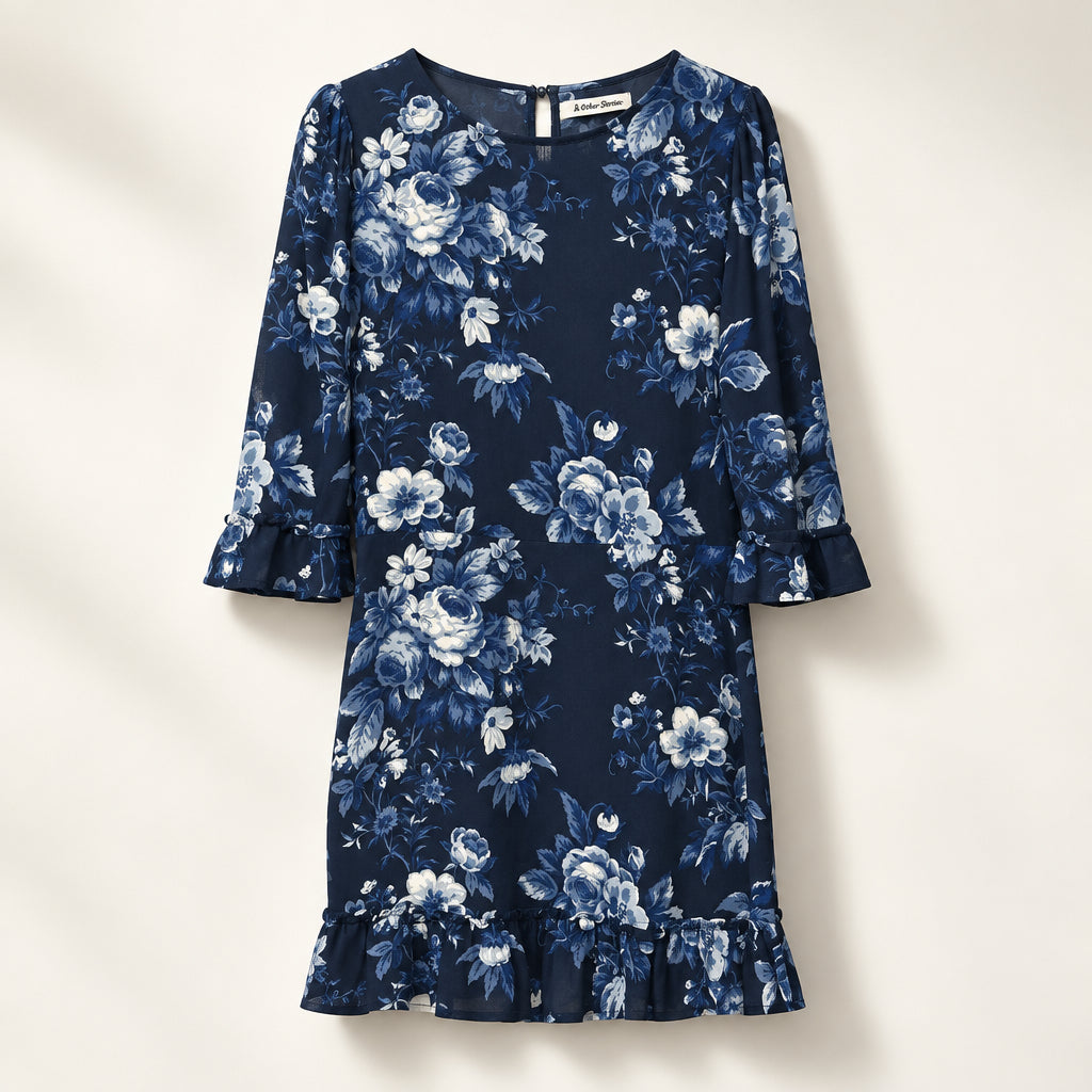 Reformation Long Sleeve Midi Dress Bell Cuffs Floral Print Blue/White Size 12