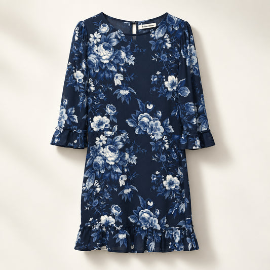 Reformation Long Sleeve Midi Dress Bell Cuffs Floral Print Blue/White Ladies Size 12