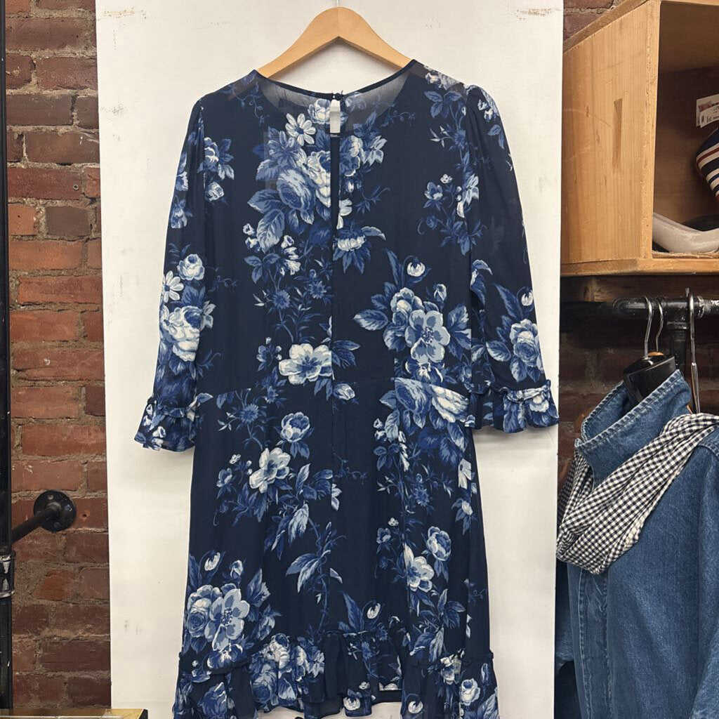 Reformation Long Sleeve Midi Dress Bell Cuffs Floral Print Blue/White Size 12