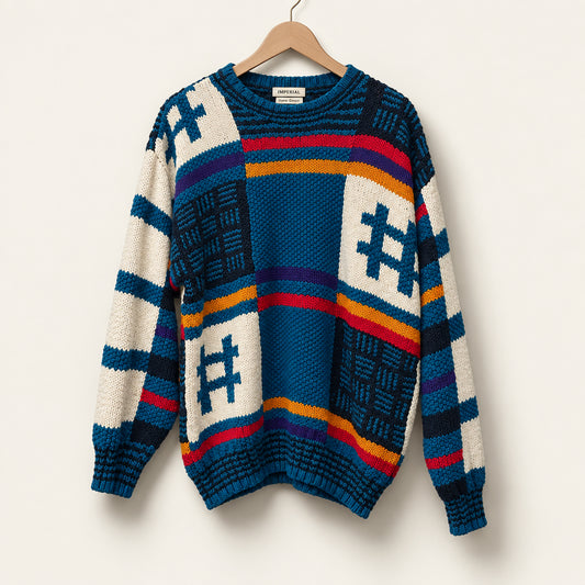 Pierre Cardin Vintage Color Block Hand Knit Sweater Blue/Red/WHite/Multi Ladies Size S