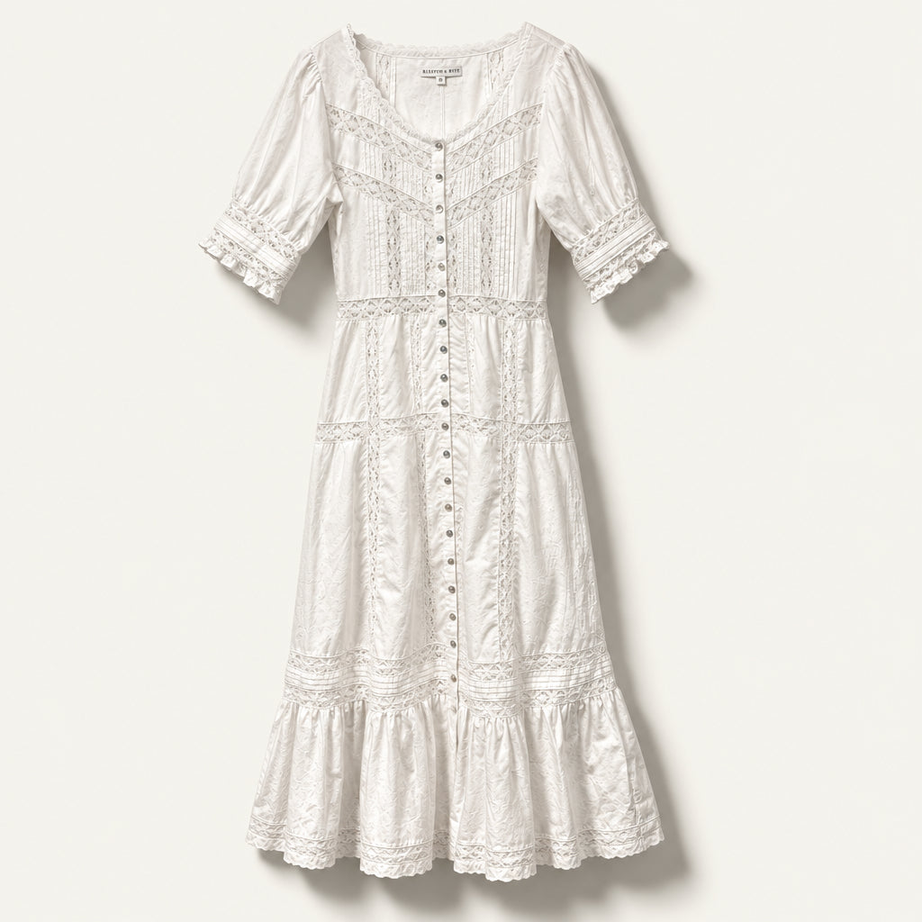 Eileen West Cotton Puff Sleeve Maxi Dress Lace Details White Size M