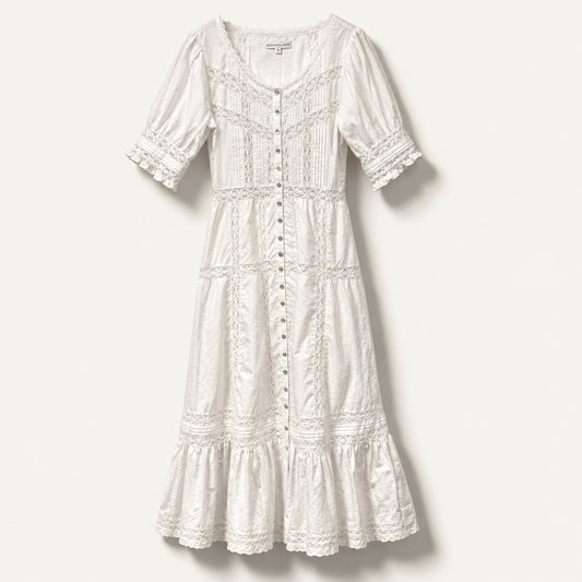 Eileen West Cotton Puff Sleeve Maxi Dress Lace Details White Ladies Size M