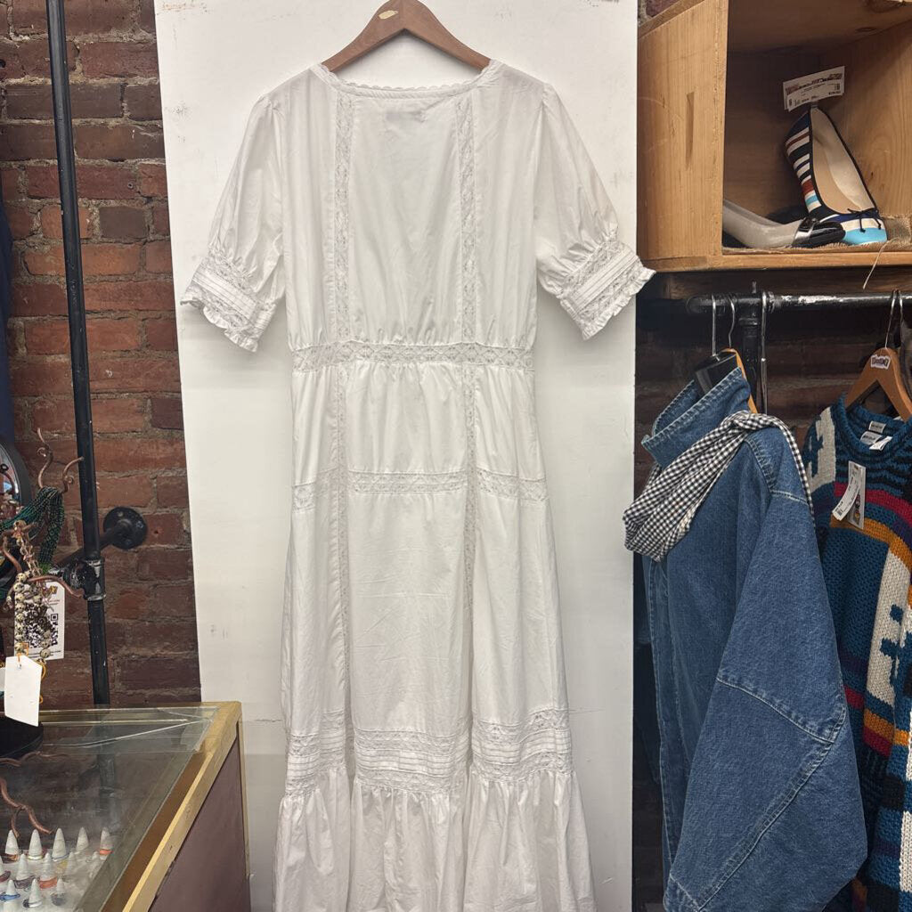 Eileen West Cotton Puff Sleeve Maxi Dress Lace Details White Size M