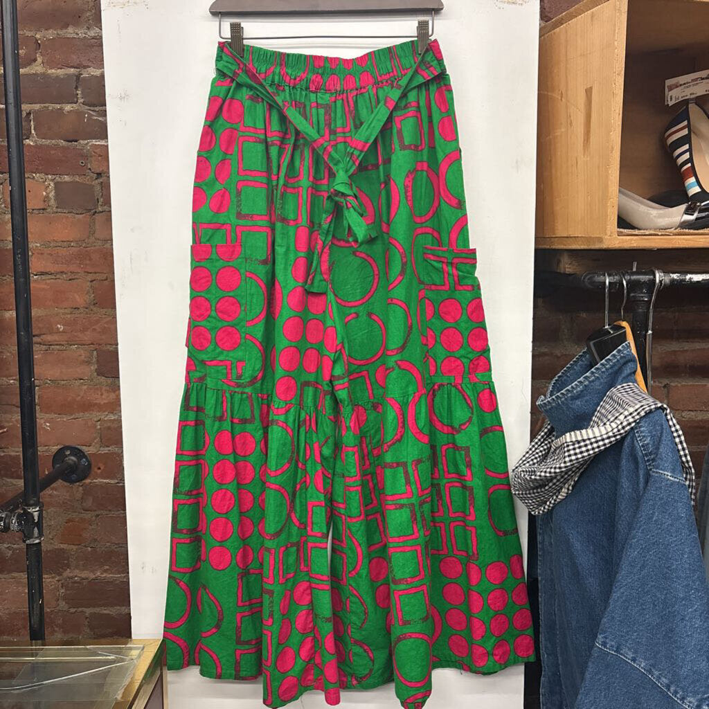 KaraChic by NF Flowy Pants One-Tier Geometric Print Green/Pink Ladies Size OZ
