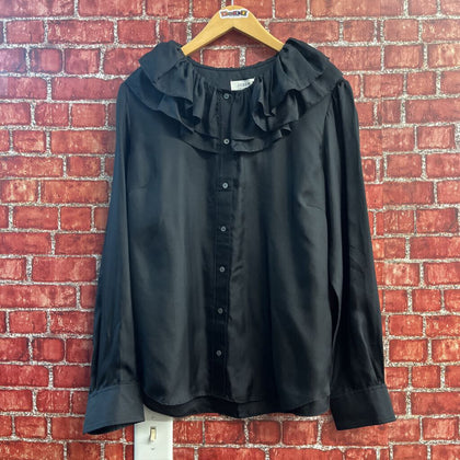 J. Crew NWT Silk Twill Ruffle Collar Button Up Top Black Size L