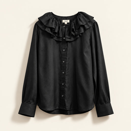 J. Crew NWT Silk Twill Ruffle Collar Button Up Top Black Ladies Size L