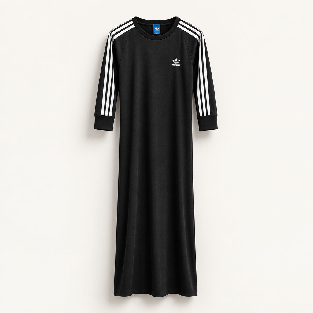 Adidas 3/4 Sleeve Maxi Dress 3 Striped Sleeve Black/White Ladies Size XL