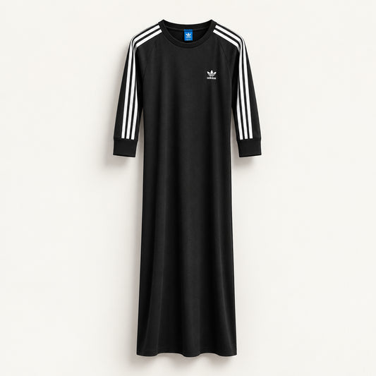Adidas 3/4 Sleeve Maxi Dress 3 Striped Sleeve Black/White Ladies Size XL