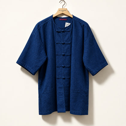 Shanghai Tang Cotton/Linen Tang Shirt Frog Button Closure Navy Blue