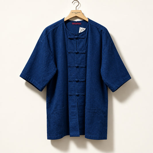 Shanghai Tang Cotton/Linen Tang Shirt Frog Button Closure Navy Blue Size 2XL