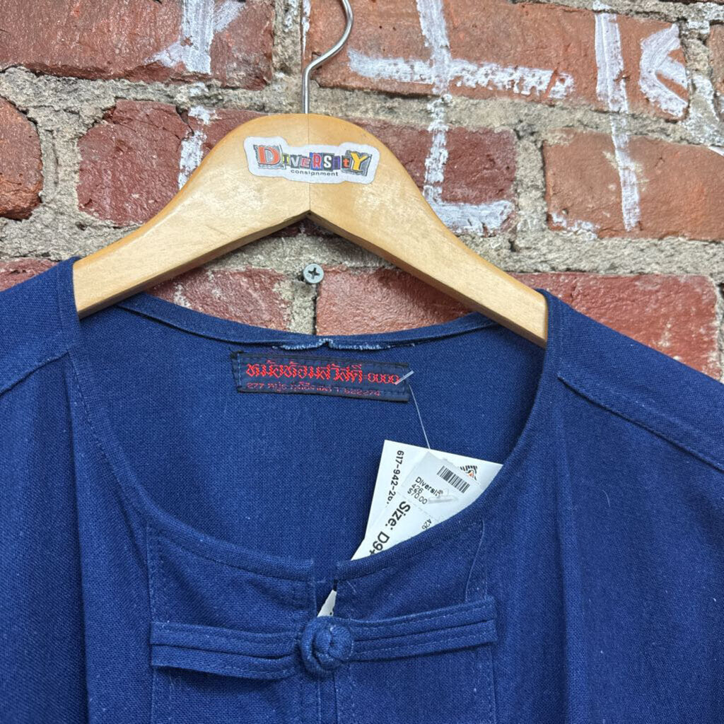Shanghai Tang Cotton/Linen Tang Shirt Frog Button Closure Navy Blue