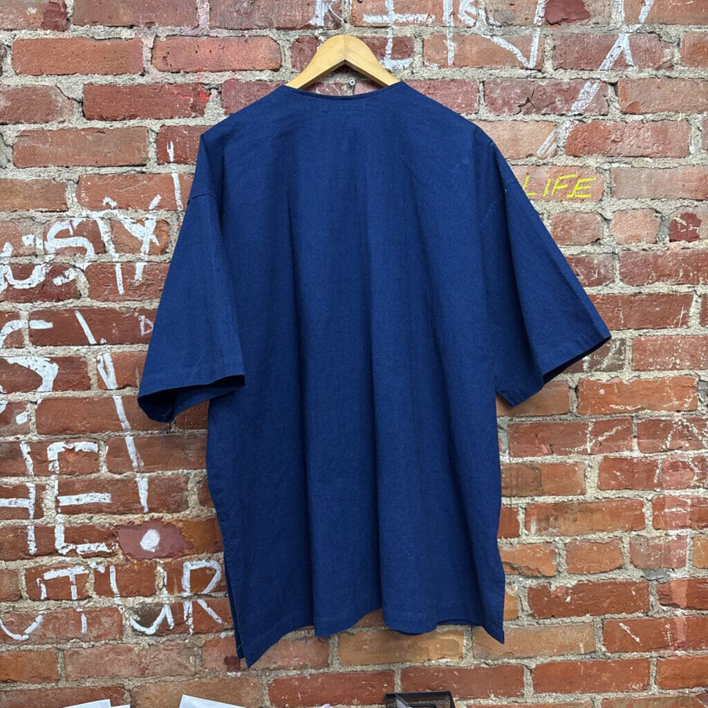 Shanghai Tang Cotton/Linen Tang Shirt Frog Button Closure Navy Blue