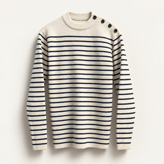 Vintage Saint James Wool Long Sleeve Shoulder Buttoned Sweater Striped Ivory/Navy Ladies Size L