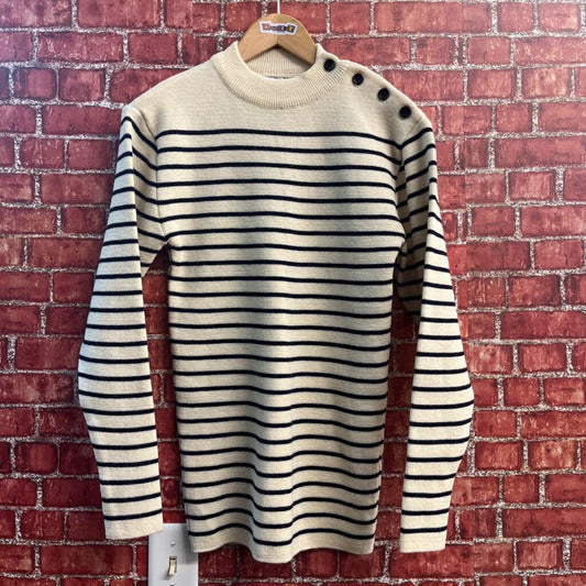 Vintage Saint James Wool Long Sleeve Shoulder Buttoned Sweater Striped Ivory/Navy Size L