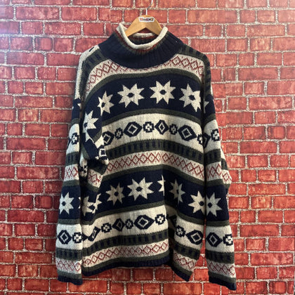 Quest Clothing Knitted Turtleneck Sweater Patterned Blue/Red/Green/White Size L