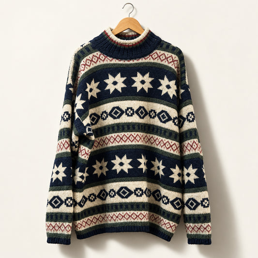 Quest Clothing Knitted Turtleneck Sweater Patterned Blue/Red/Green/White Men’s Size L