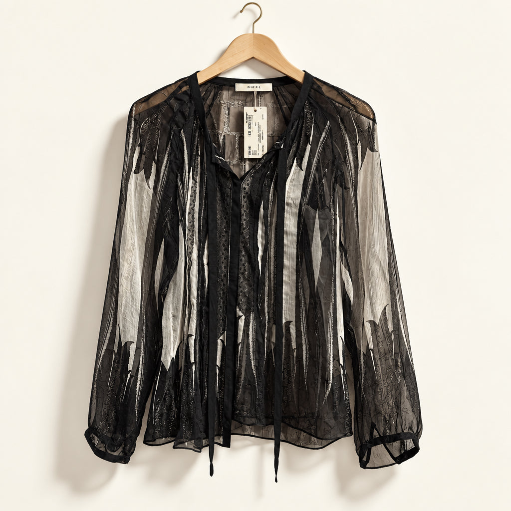 Elietahari Sheer Silk Blouse Black/White Ladies Size L/XL