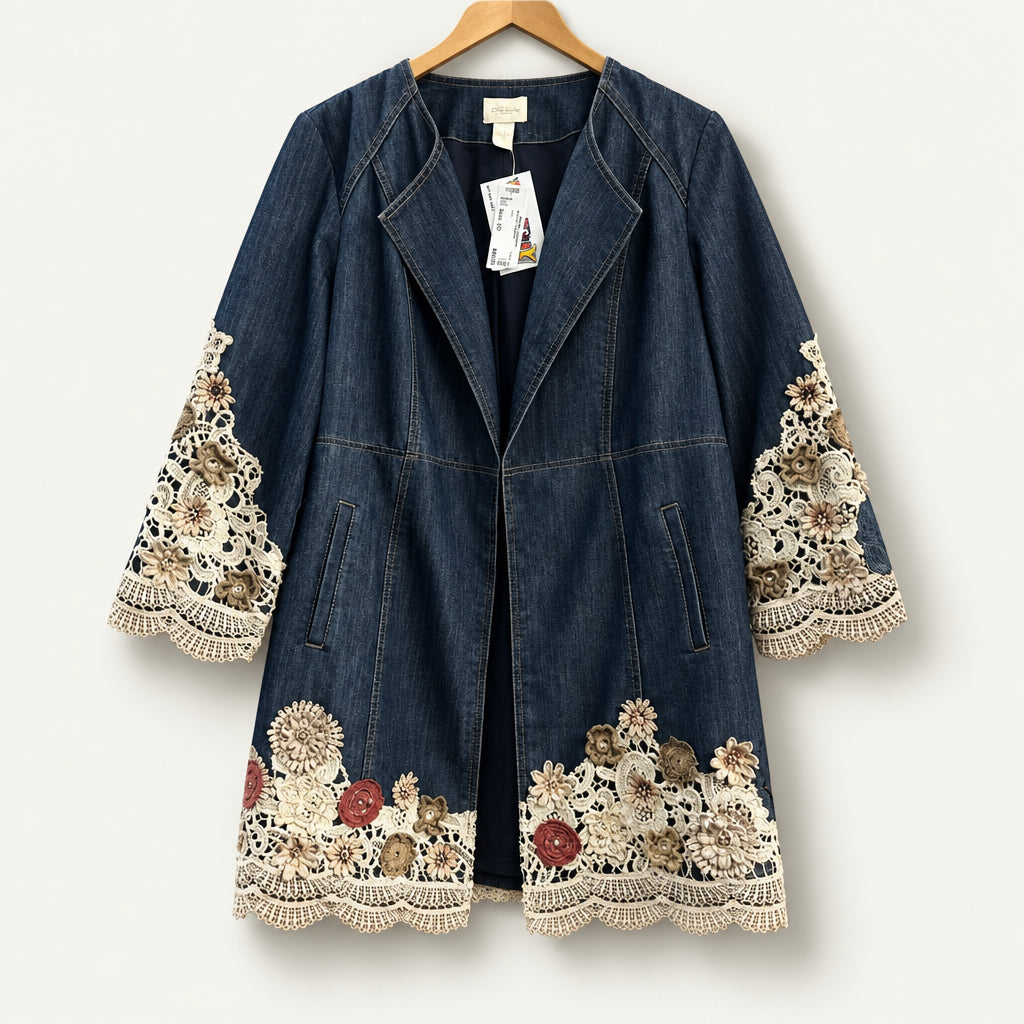 Chicos Midi Jean Jacket Floral Textile Blue Ladies Size 1