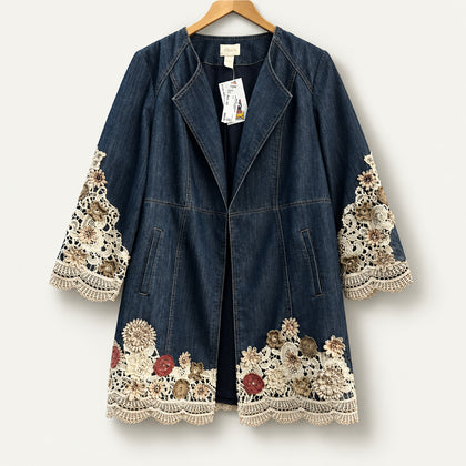 Chicos Midi Jean Jacket Floral Textile Blue Ladies Size 1