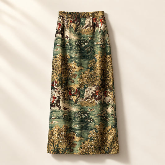 Sharon Young Sportswear Vintage Maxi Skirt Nature and Dogs Tan/Green Ladies Size 4