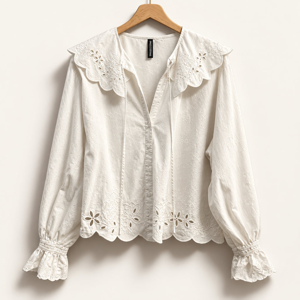 Divided Blouse White Eyelet Buttons Ladies Size XL