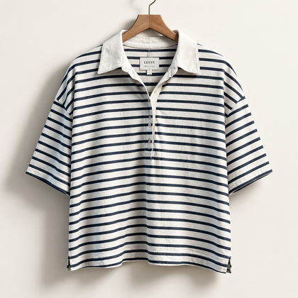 Gap Polo Tee 1/2 Button Crop Stripes Navy/White Ladies Size L