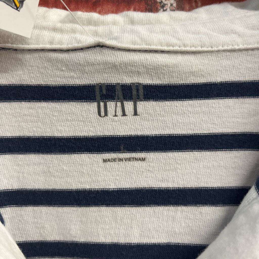 Gap Polo Tee 1/2 Button Crop Stripes Navy/White Ladies Size L