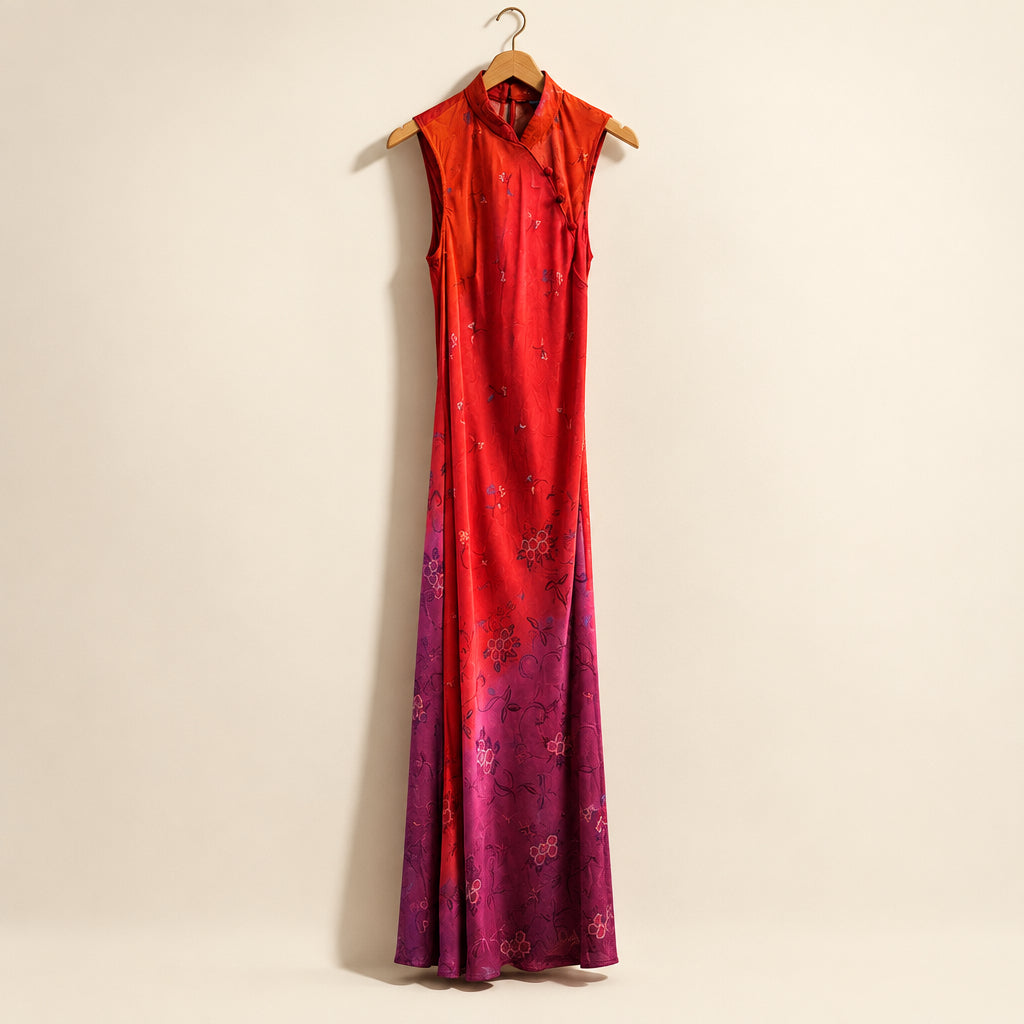NWT Mica Maxi Dress Mandarin Collar Tank Sheer Rayon Floral Red Ladies Size 8