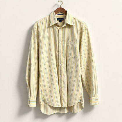 Lands End Button Down Vertical Stripes Pale Yellow/Blue Men’s Size L