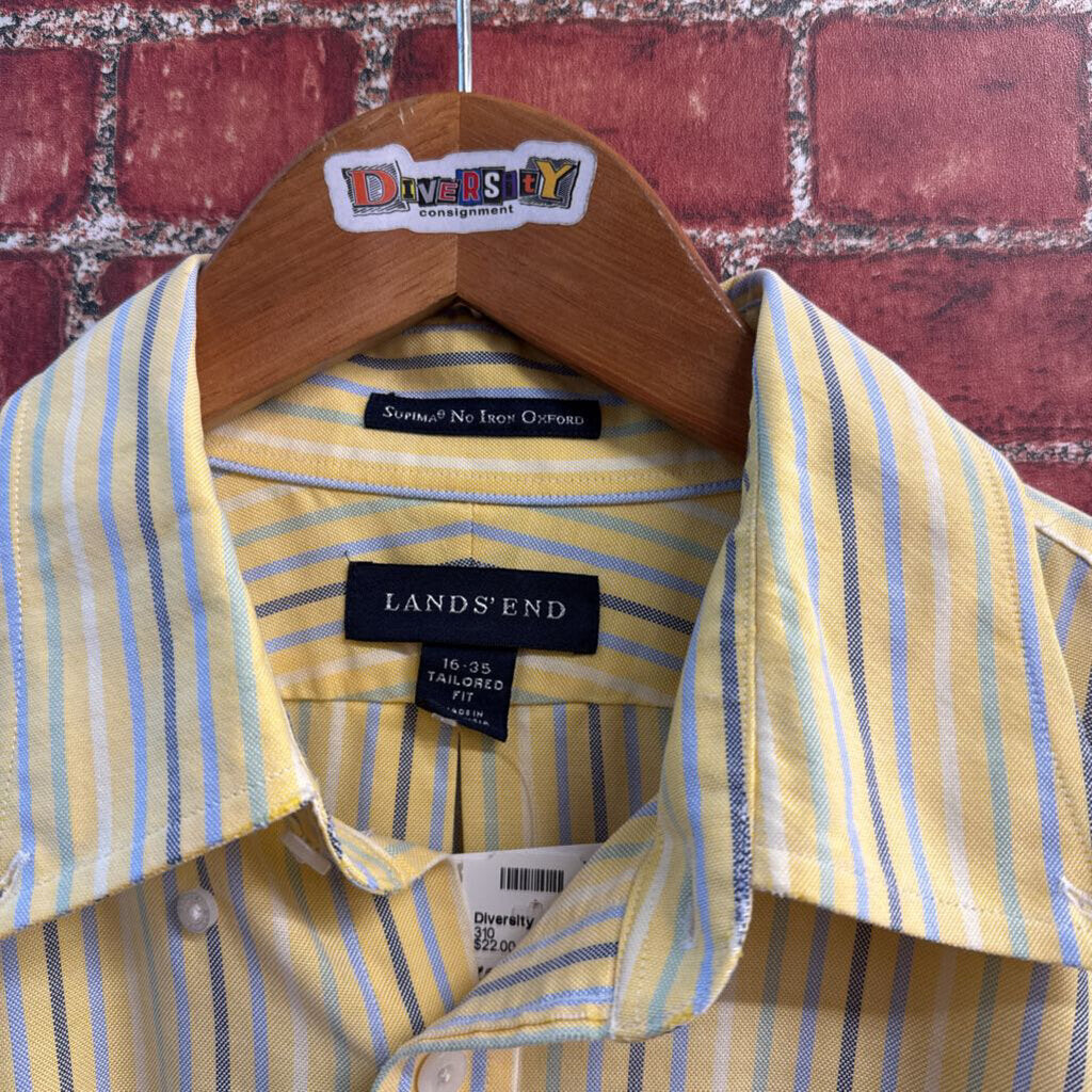 Lands End Button Down Vertical Stripes Pale Yellow/Blue Men’s Size L