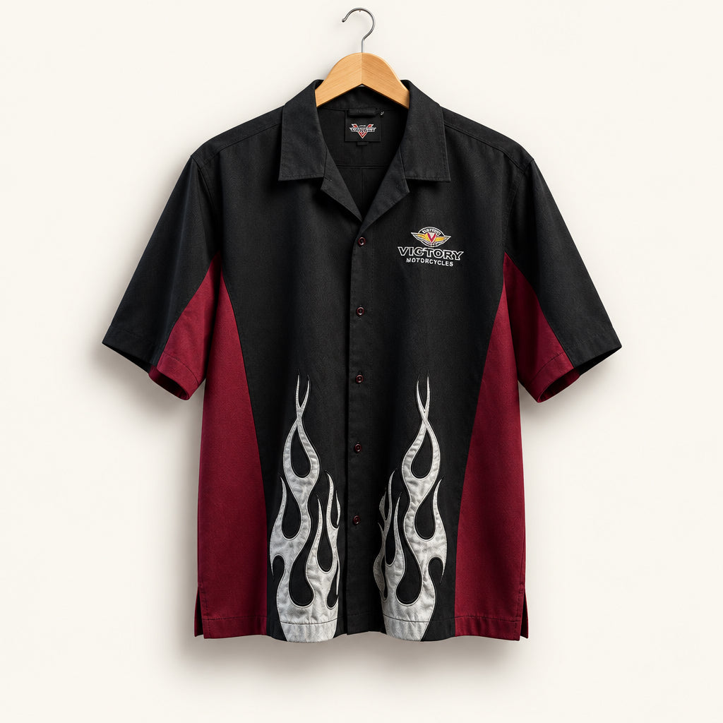 Victory Motorcycles Pit Shirt Short Sleeve Button Up Black/Maroon/Grey Men’s Size L