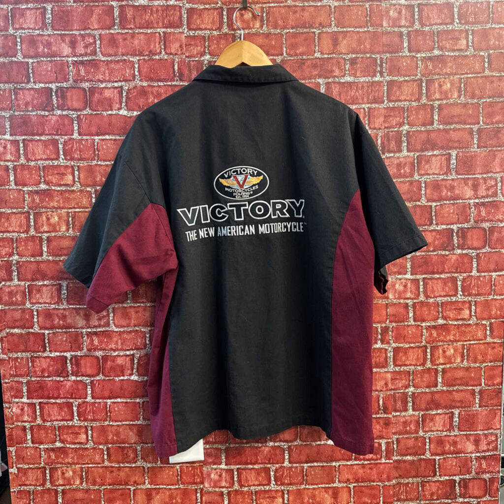 Victory Motorcycles Pit Shirt Short Sleeve Button Up Black/Maroon/Grey Men’s Size L