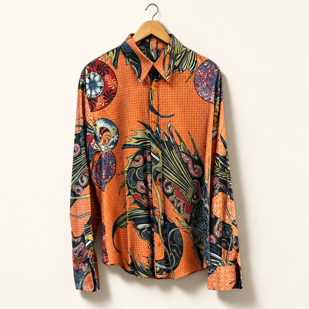 Just Cavalli Button Up Y2K Abstract Pattern Orange/Multi Men’s Size XXL