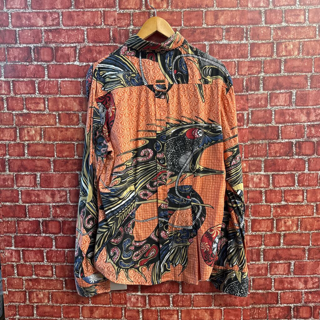 Just Cavalli Button Up Y2K Abstract Pattern Orange/Multi Men’s Size XXL