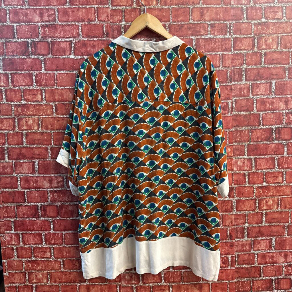 ASOS Button Up Short Sleeve Abstract Floral Blue/Burnt Orange Men’s  Size XL