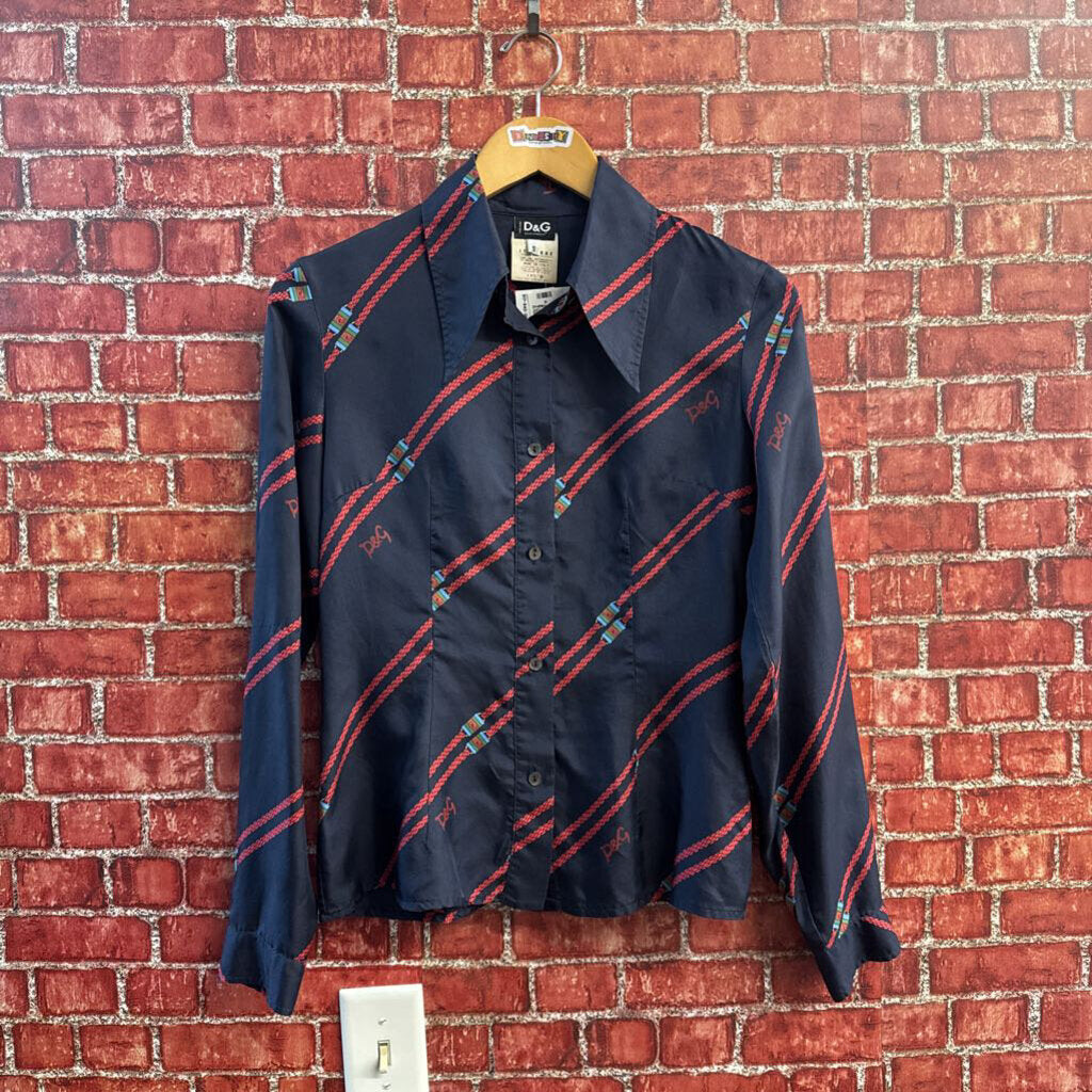 D&G Vintage Silk Blouse Buttons Rope Design Navy/Red Size S