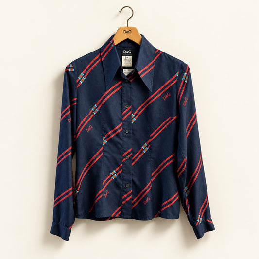D&G Vintage Silk Blouse Buttons Rope Design Navy/Red Ladies Size S