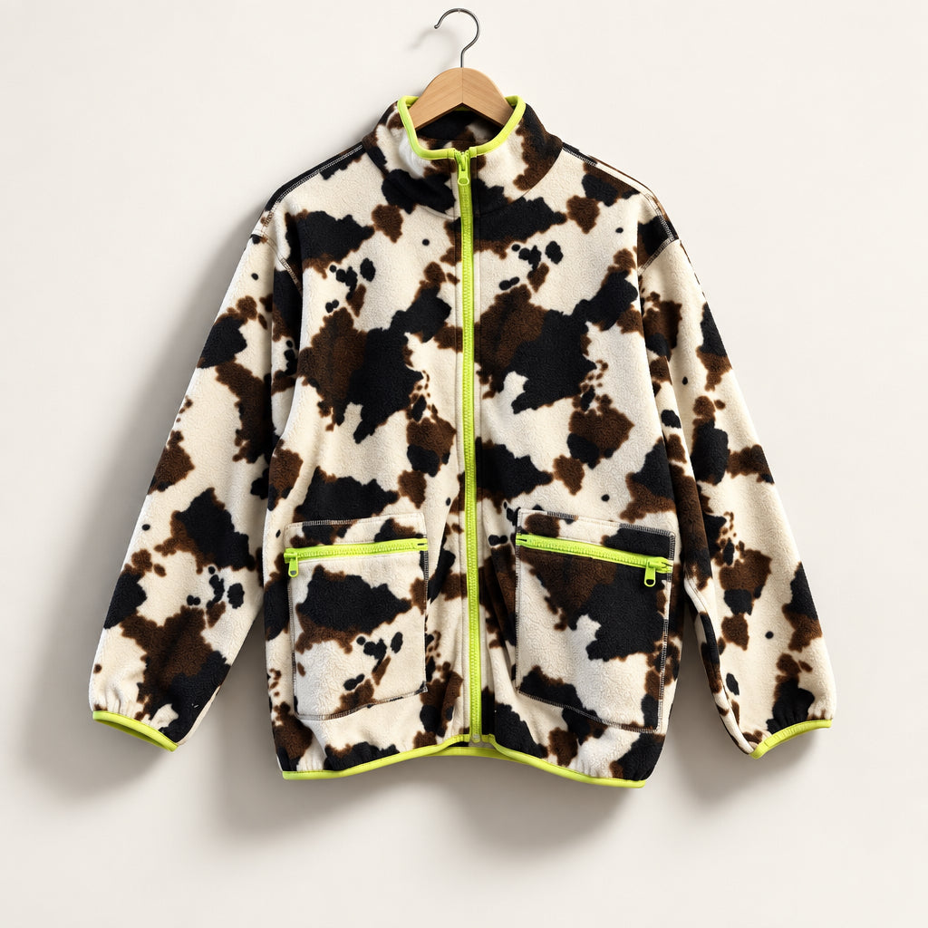Terez Fleece Jacket Zip Cow Print Neon Trim Brown/Black/Green Men’s Size M