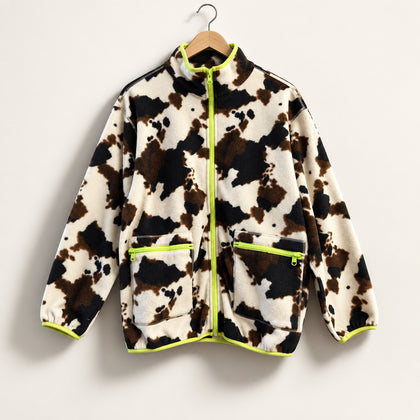 Terez Fleece Jacket Zip Cow Print Neon Trim Brown/Black/Green Men’s Size M