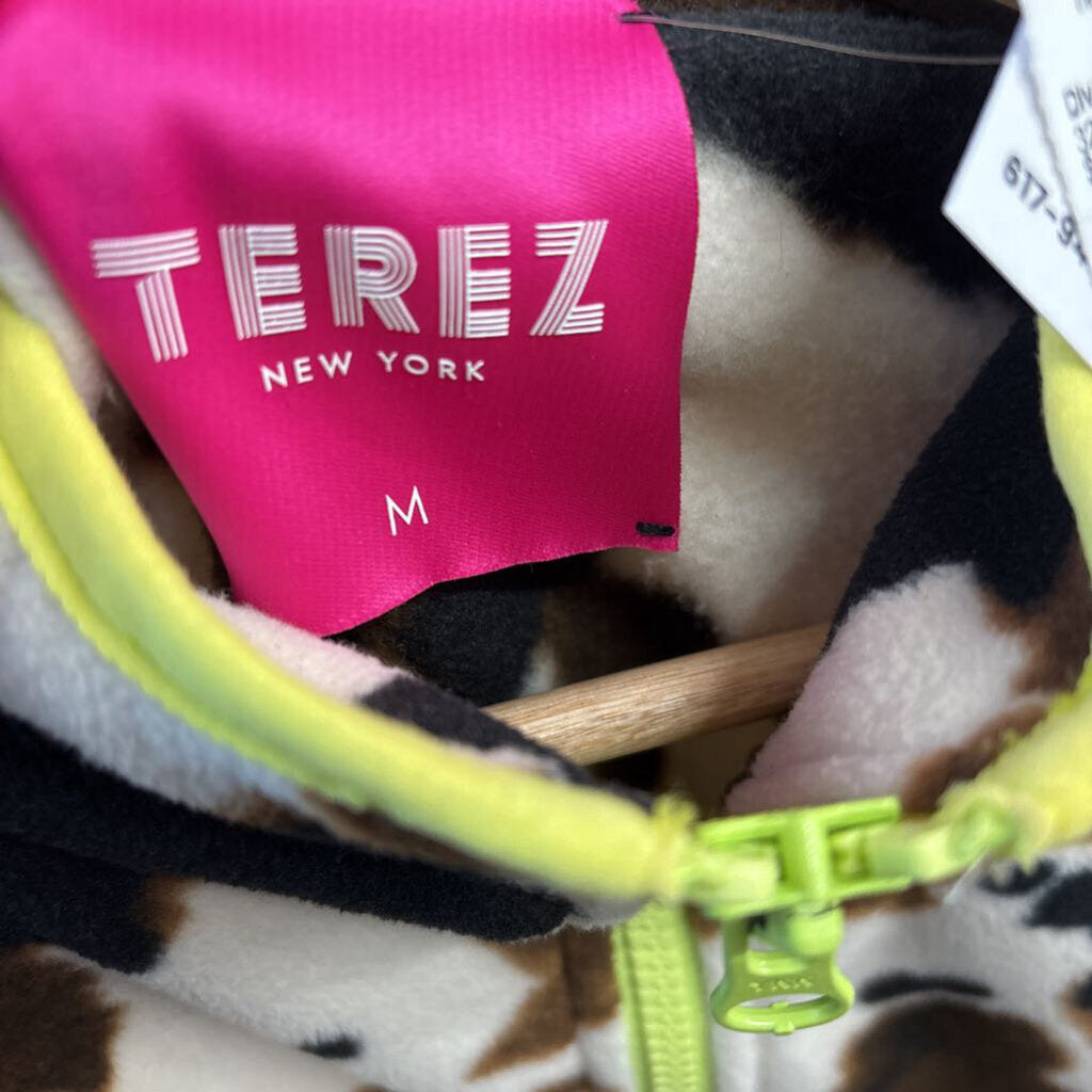 Terez Fleece Jacket Zip Cow Print Neon Trim Brown/Black/Green Men’s Size M